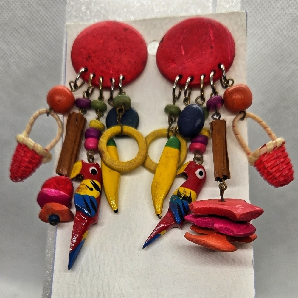 Artisan Colorful Parrot Banana Beads Wooden Dangle Earrings - Picture 13 of 15